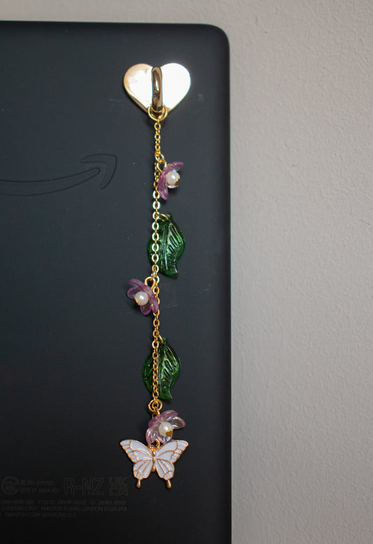 E-reader charm "White Butterfly & Purple Flowers"
